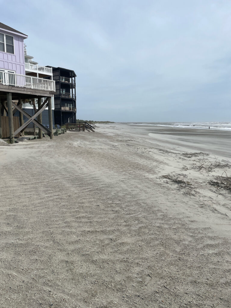 a beach with a pier and a building on the shore (MyCoast AI)