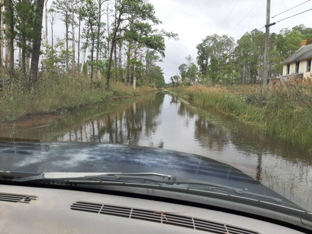 a flooded road with trees and grass (MyCoast AI)