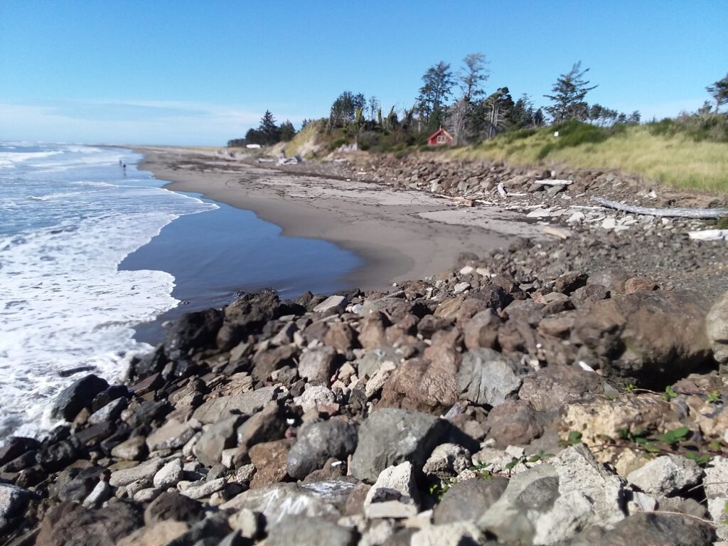 a rocky beach with a body of water and trees in the background (MyCoast AI)