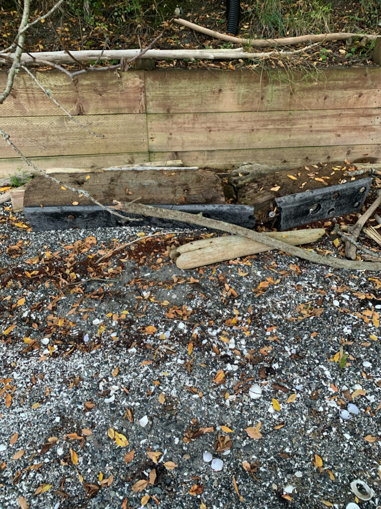 a wooden bench with leaves on the ground (MyCoast AI)