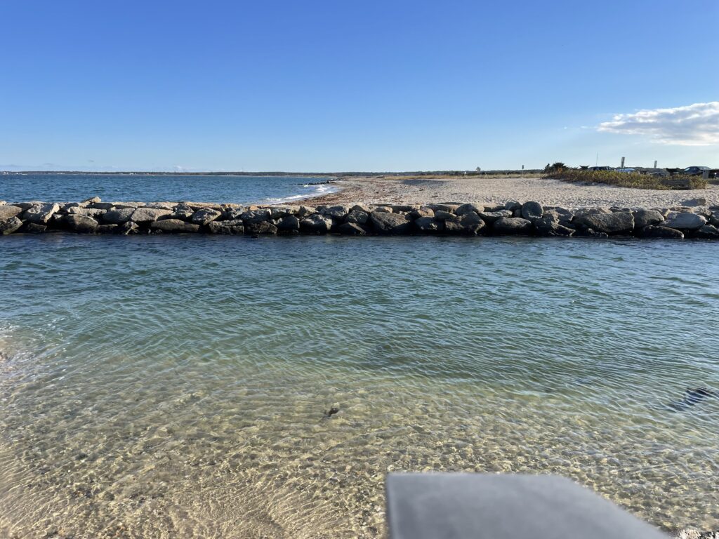 a body of water with rocks and a beach in the background (MyCoast AI)