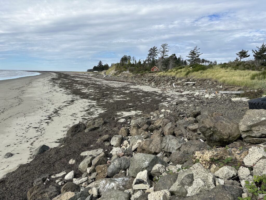a rocky beach with a house in the distance (MyCoast AI)