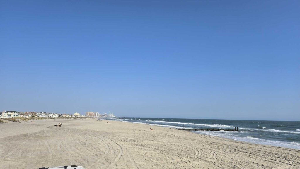 a sandy beach with people and buildings (MyCoast AI)