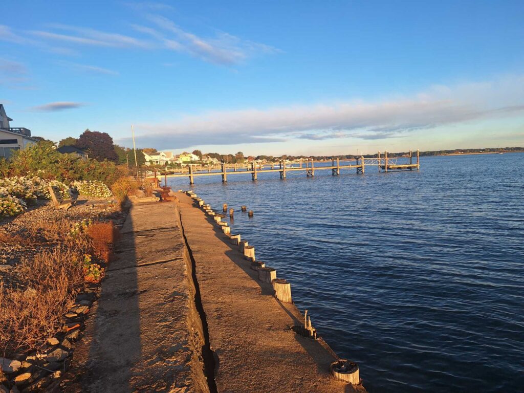 a path next to a body of water with a dock and buildings in the background (MyCoast AI)