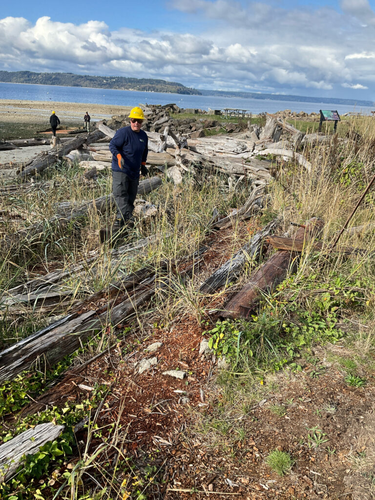 a man standing next to a pile of wood on a beach (MyCoast AI)