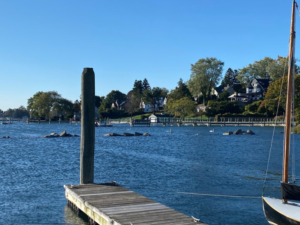 a dock with a boat in the water with houses in the background (MyCoast AI)