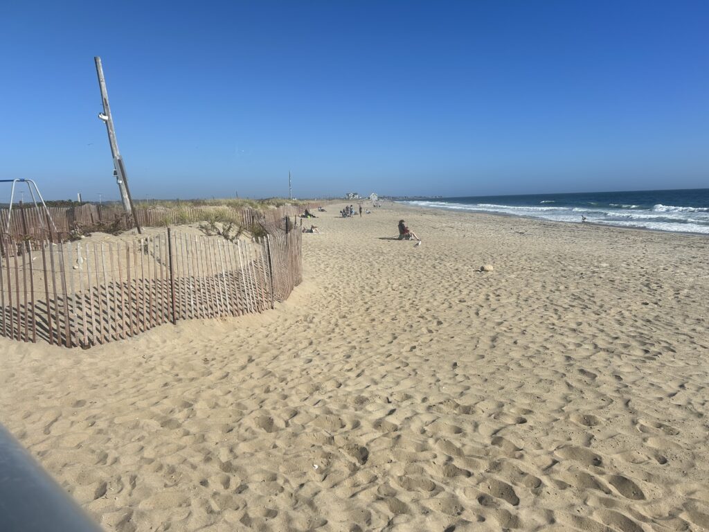 a sandy beach with a fence and a person sitting on it (MyCoast AI)