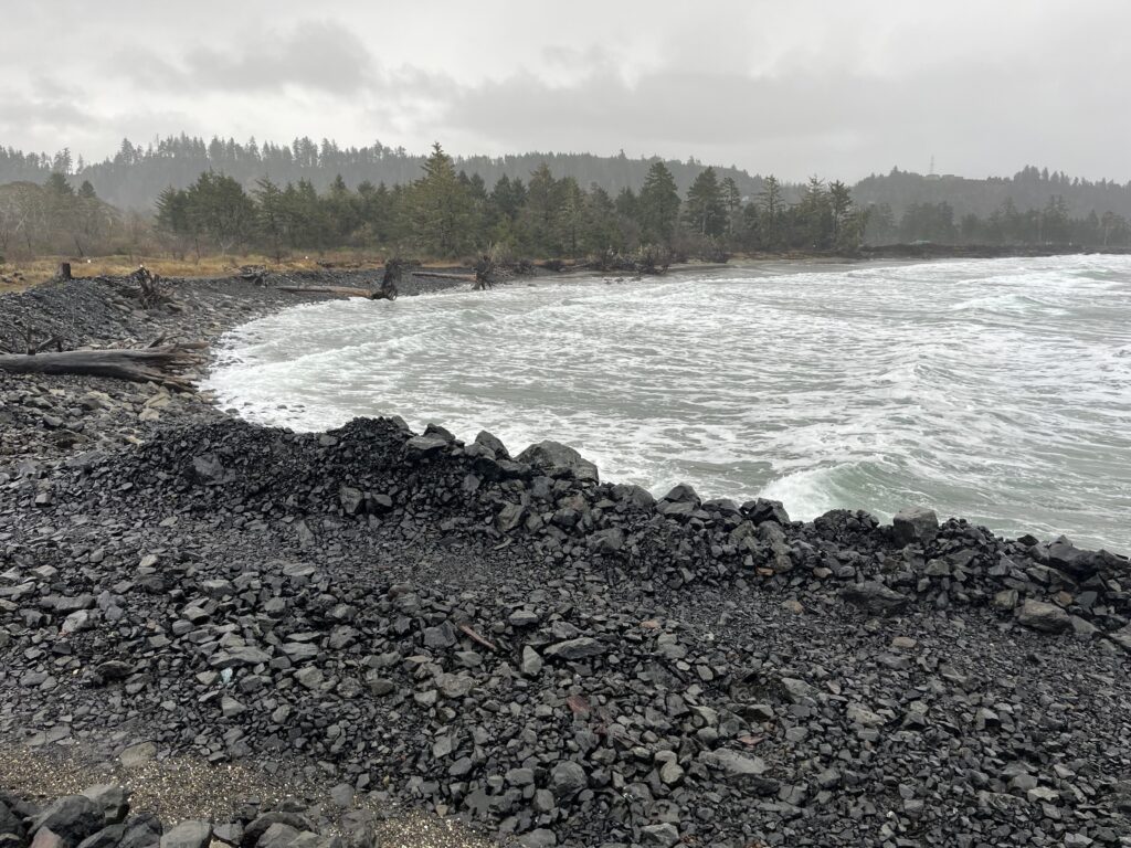 a rocky shore with a body of water and trees in the background (MyCoast AI)