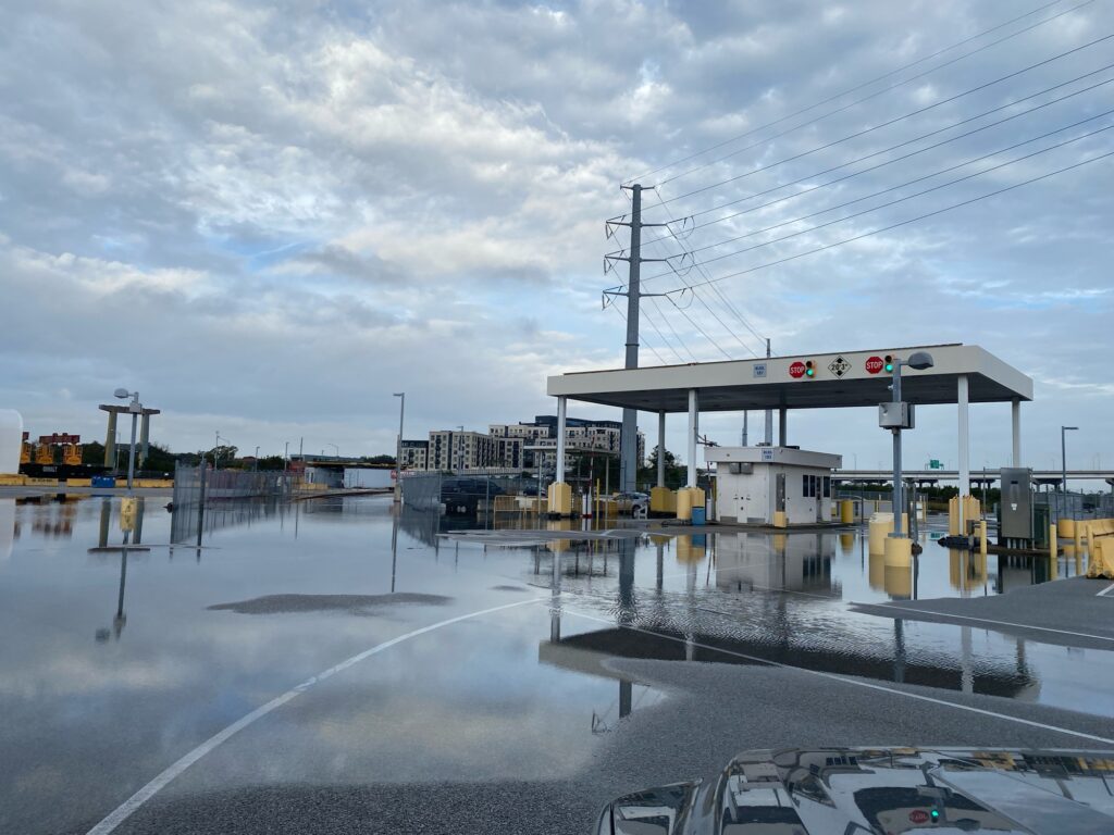 a gas station on a rainy day (MyCoast AI)