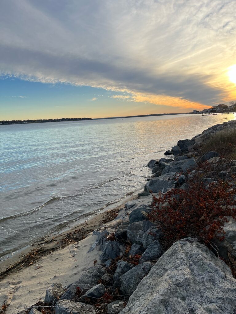 a rocky beach with a body of water and a sunset (MyCoast AI)
