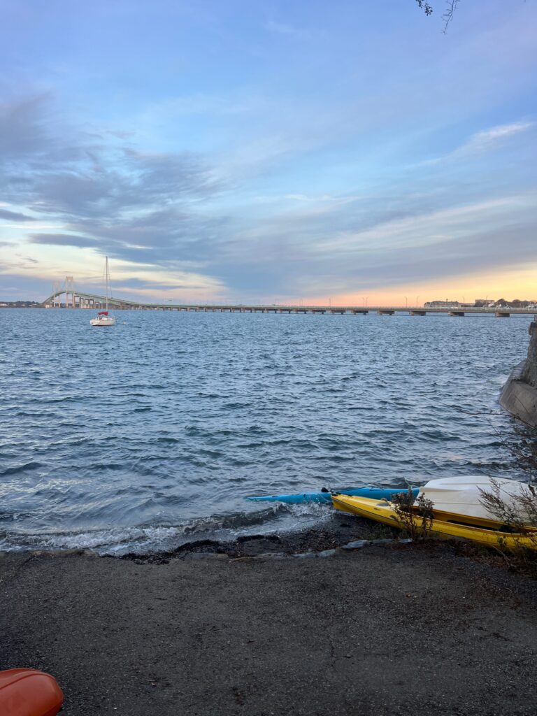 a body of water with boats in it and a bridge in the distance (MyCoast AI)