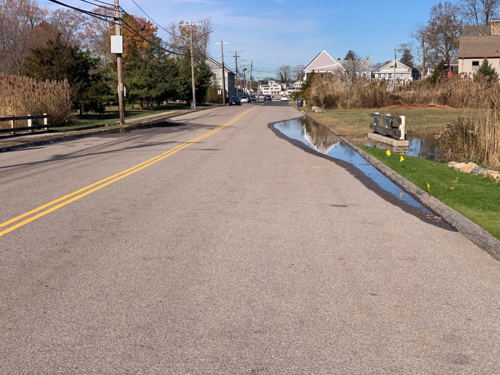 a road with a puddle on the side and houses on the side (MyCoast AI)
