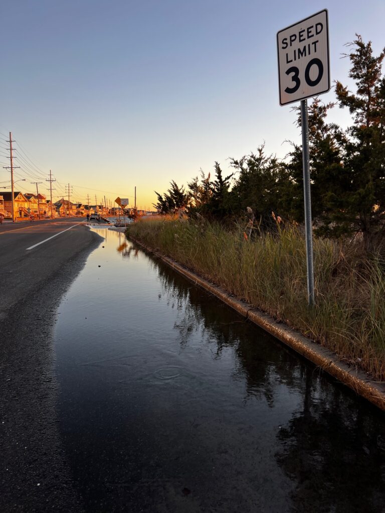 a flooded road with a sign (MyCoast AI)