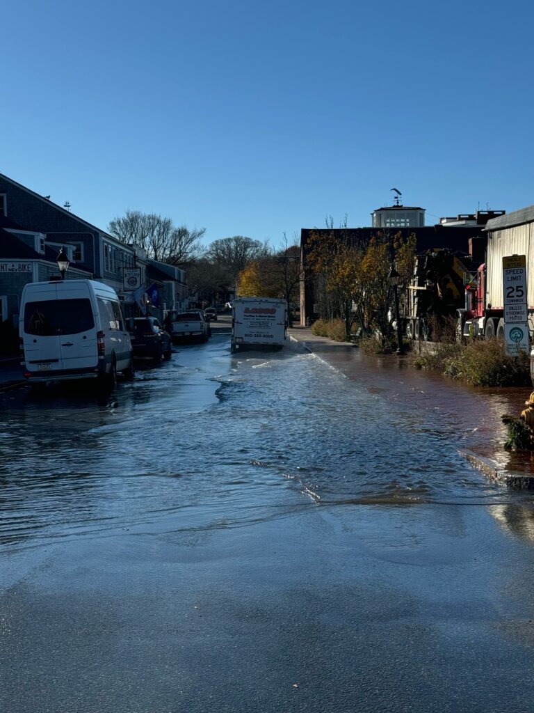 a flooded street with cars and buildings (MyCoast AI)