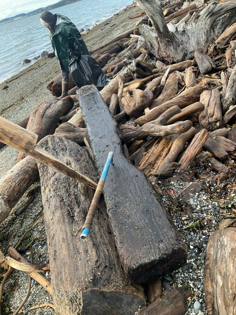 a person with a shovel and a pile of wood on the beach (MyCoast AI)