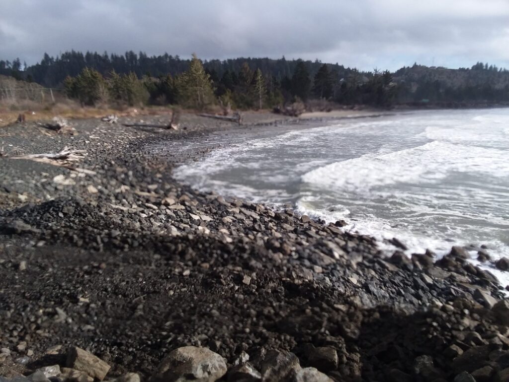 a rocky beach with waves crashing (MyCoast AI)