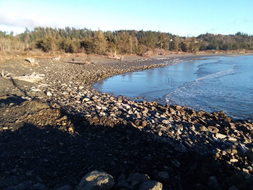 a rocky beach with a body of water in the background (MyCoast AI)