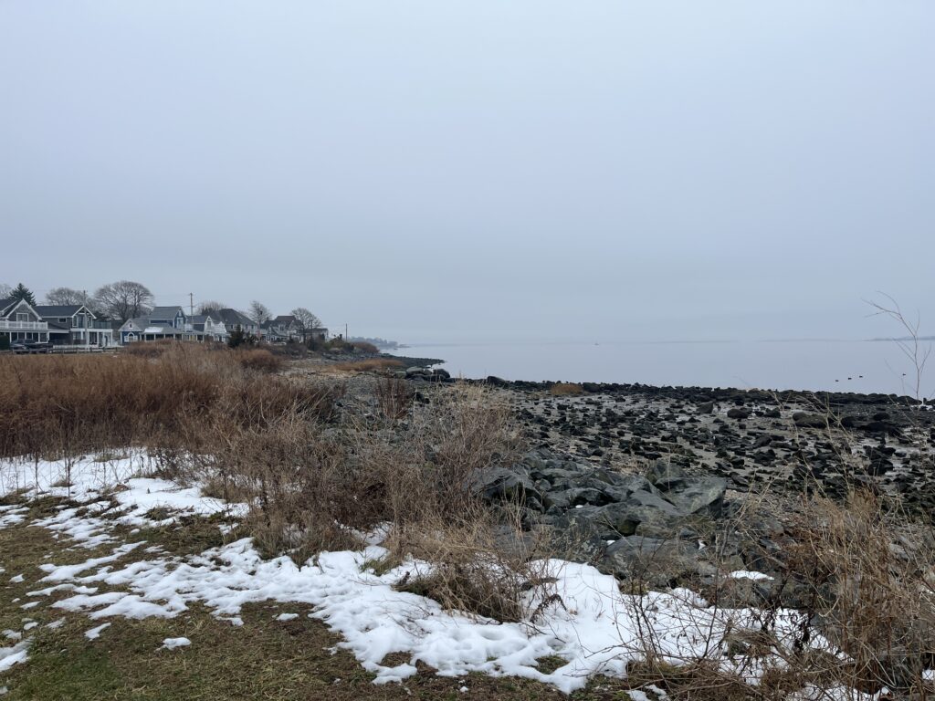 a field with snow and houses in the background (MyCoast AI)