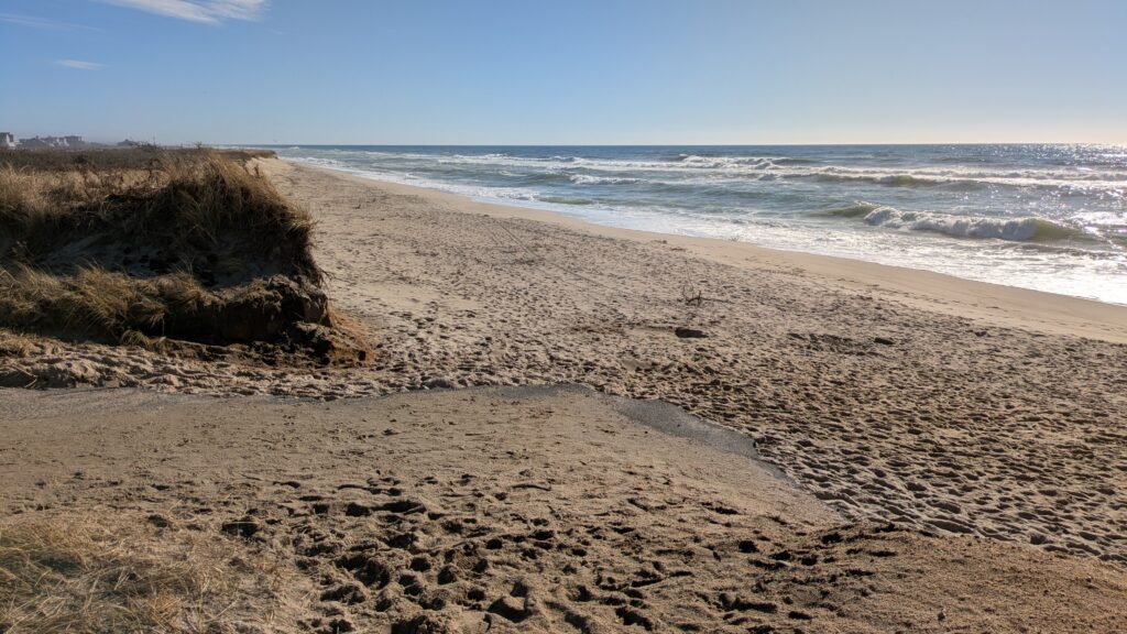 a sandy beach with waves crashing (MyCoast AI)