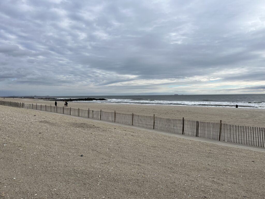a beach with a fence and people walking on it (MyCoast AI)