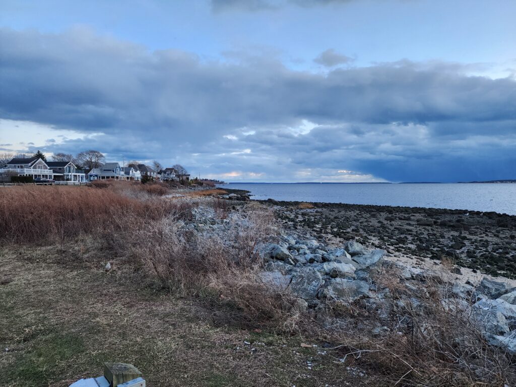 a rocky beach with houses in the background (MyCoast AI)