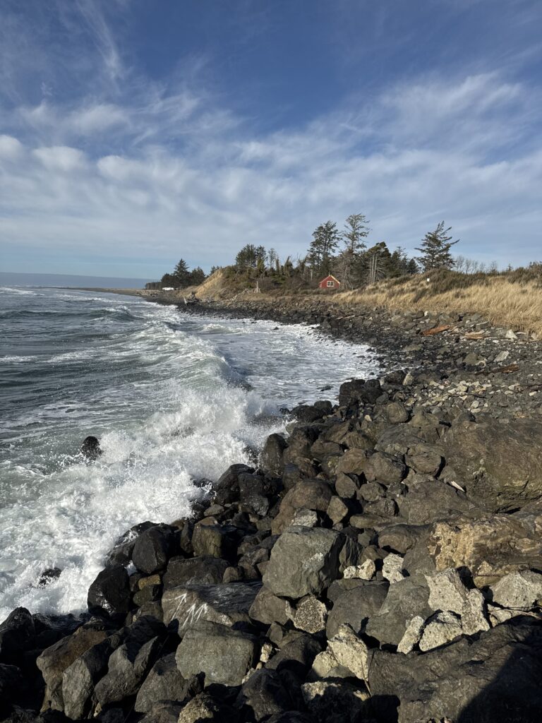 a rocky beach with waves crashing (MyCoast AI)