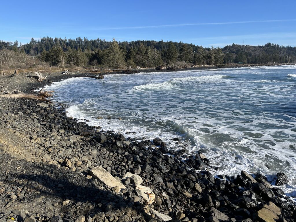 a rocky beach with waves crashing (MyCoast AI)