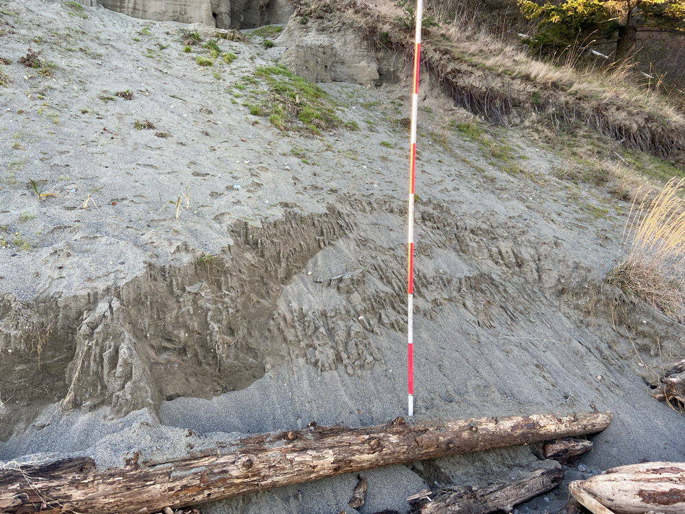 a red and white pole on a rocky hillside (MyCoast AI)