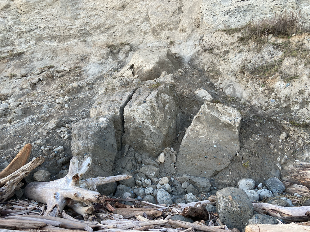 a rock wall with a pile of rocks and a pile of sticks (MyCoast AI)