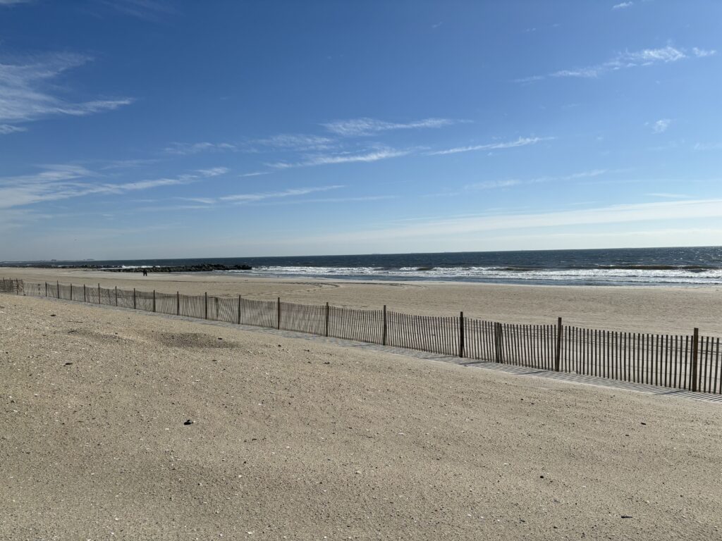 a sandy beach with a fence with Camber Sands in the background (MyCoast AI)