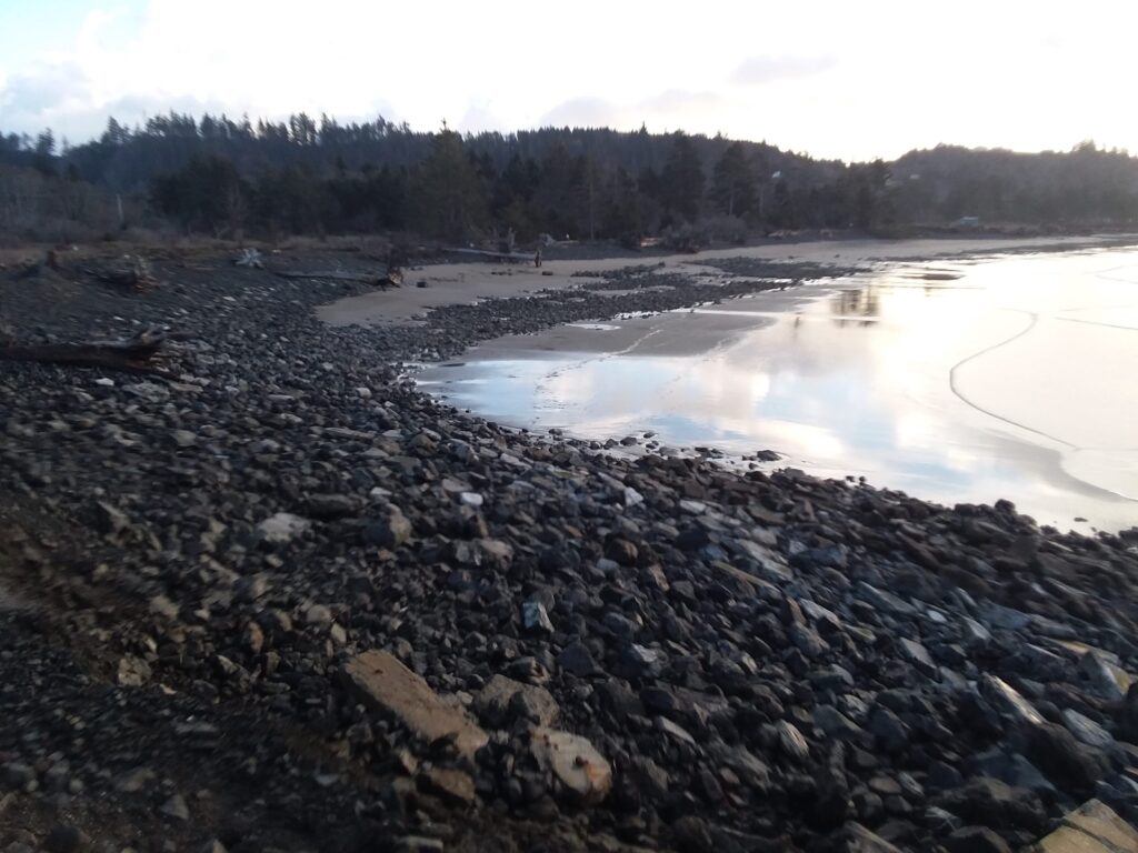 a rocky beach with a body of water in the background (MyCoast AI)