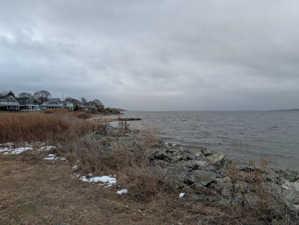 a rocky beach with houses in the background (MyCoast AI)