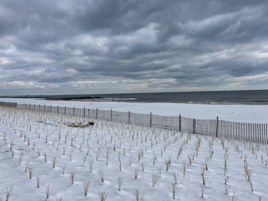 a snowy field with a fence and a cloudy sky (MyCoast AI)