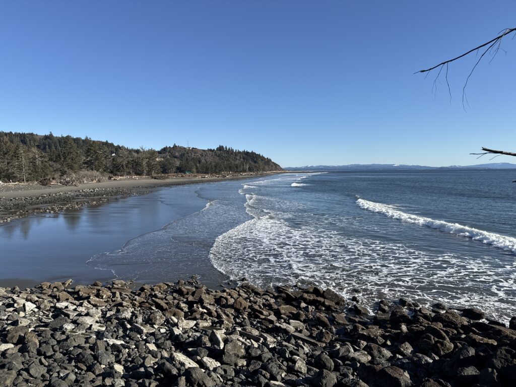a rocky beach with waves crashing (MyCoast AI)