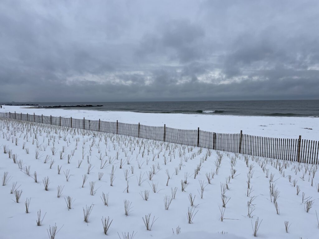 a snowy field with a fence and a body of water in the background (MyCoast AI)