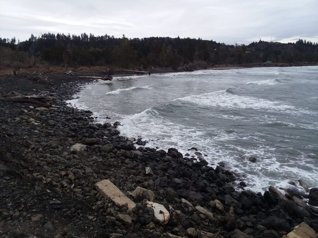 a rocky beach with waves crashing (MyCoast AI)