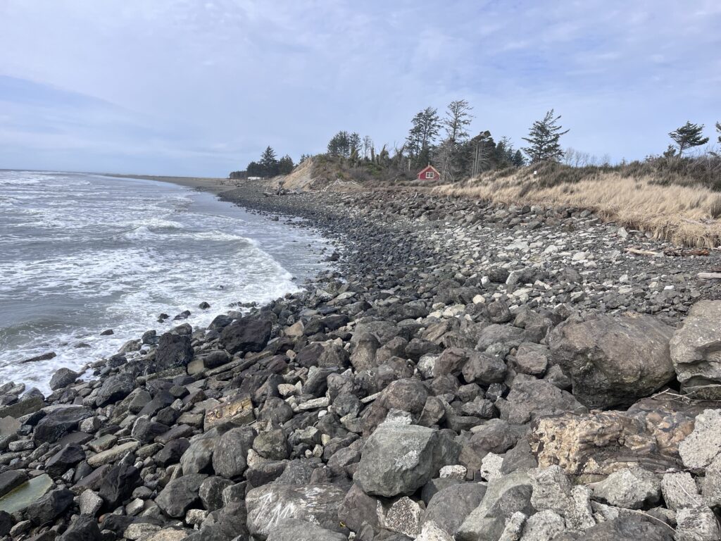 a rocky beach with trees and a house in the background (MyCoast AI)