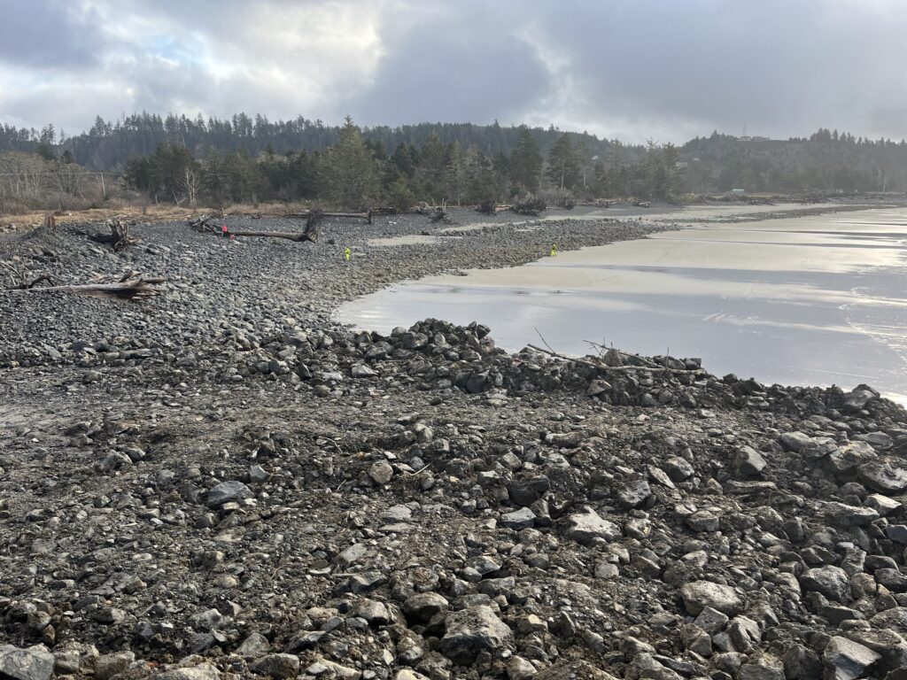 a rocky beach with a body of water and trees in the background (MyCoast AI)