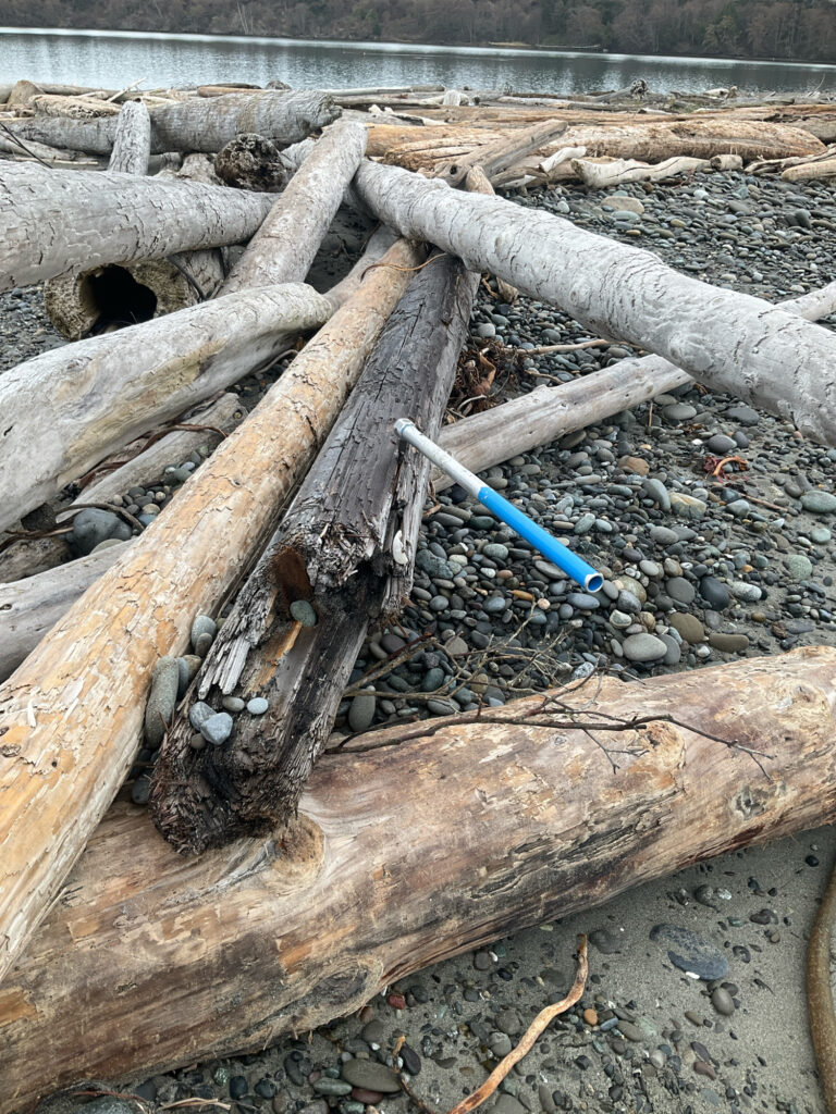 a blue pipe in a pile of wood (MyCoast AI)