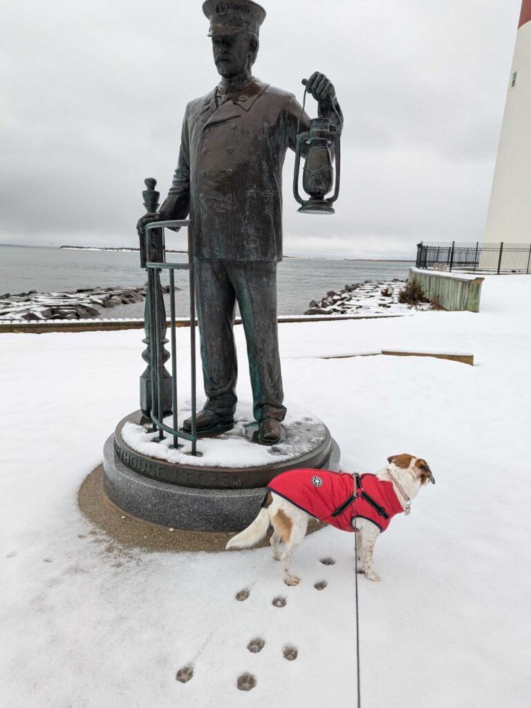 a statue of a person holding a gun and a dog (MyCoast AI)