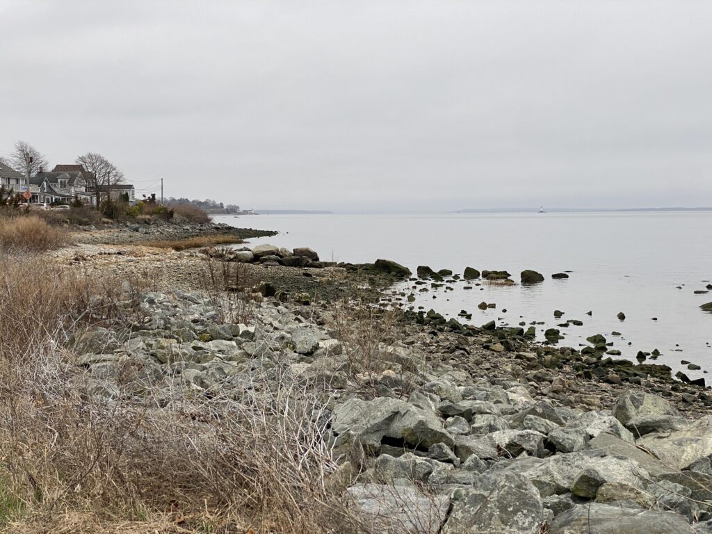 a rocky beach with a house in the background (MyCoast AI)