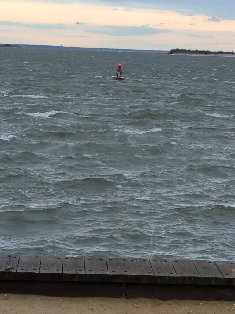 a person in a red suit on a small boat in the water (MyCoast AI)