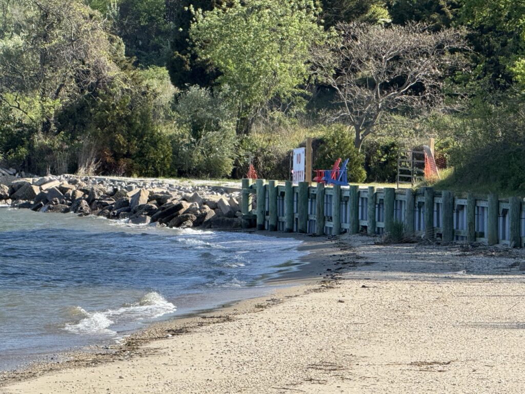 a beach with a white fence and trees (MyCoast AI)