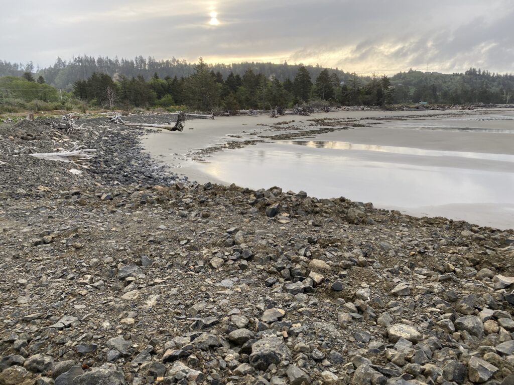 a rocky beach with a body of water and trees in the background (MyCoast AI)