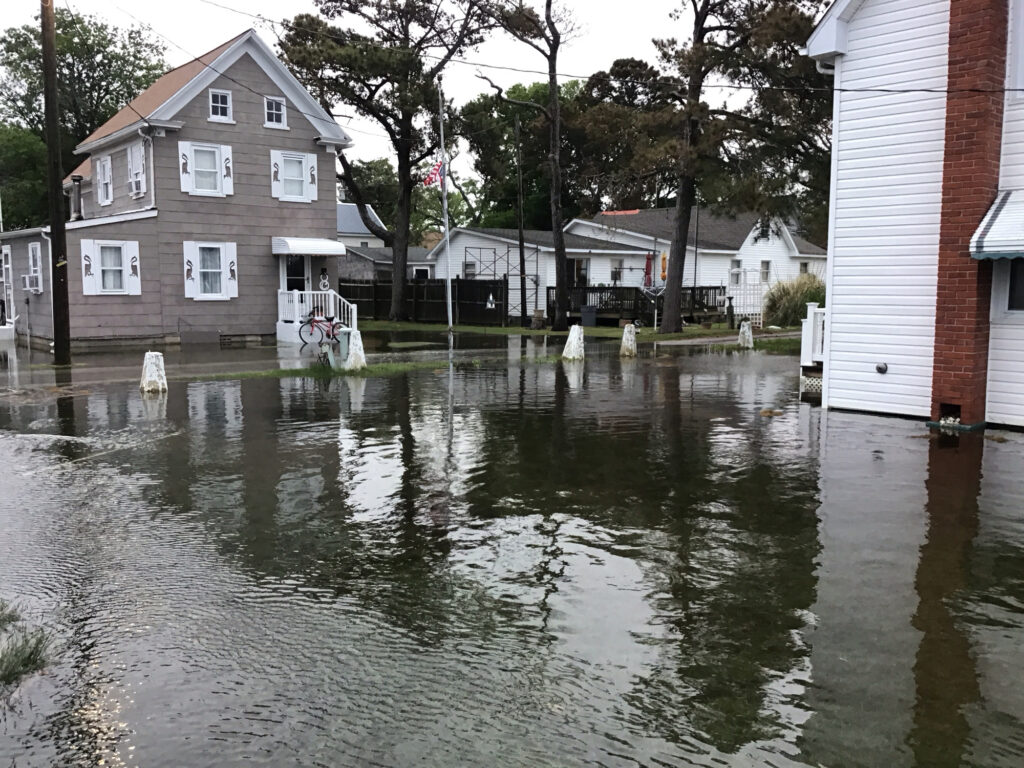 a flooded street with houses (MyCoast AI)