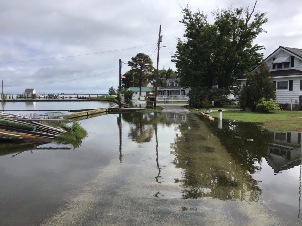 a flooded street with houses and trees (MyCoast AI)