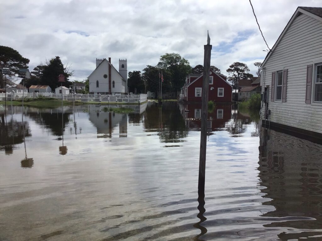 a flooded street with buildings and trees (MyCoast AI)