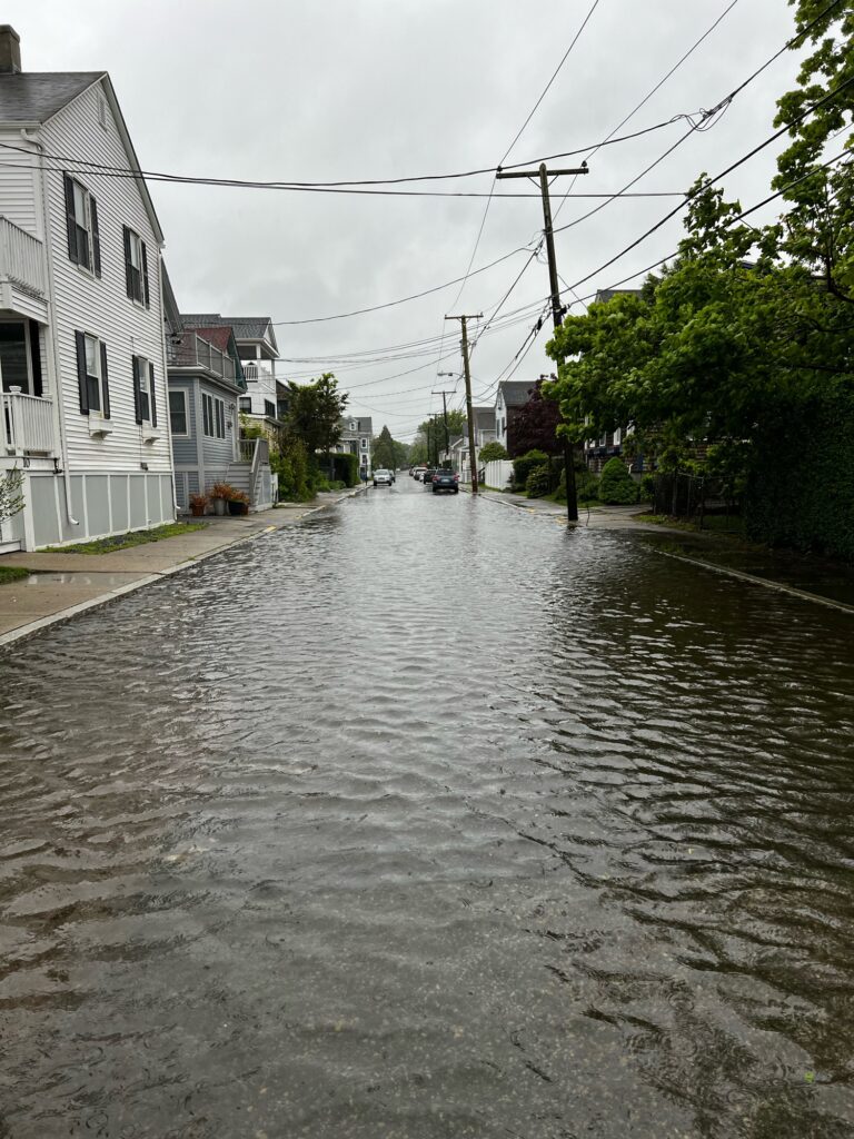 a flooded street with houses and trees (MyCoast AI)