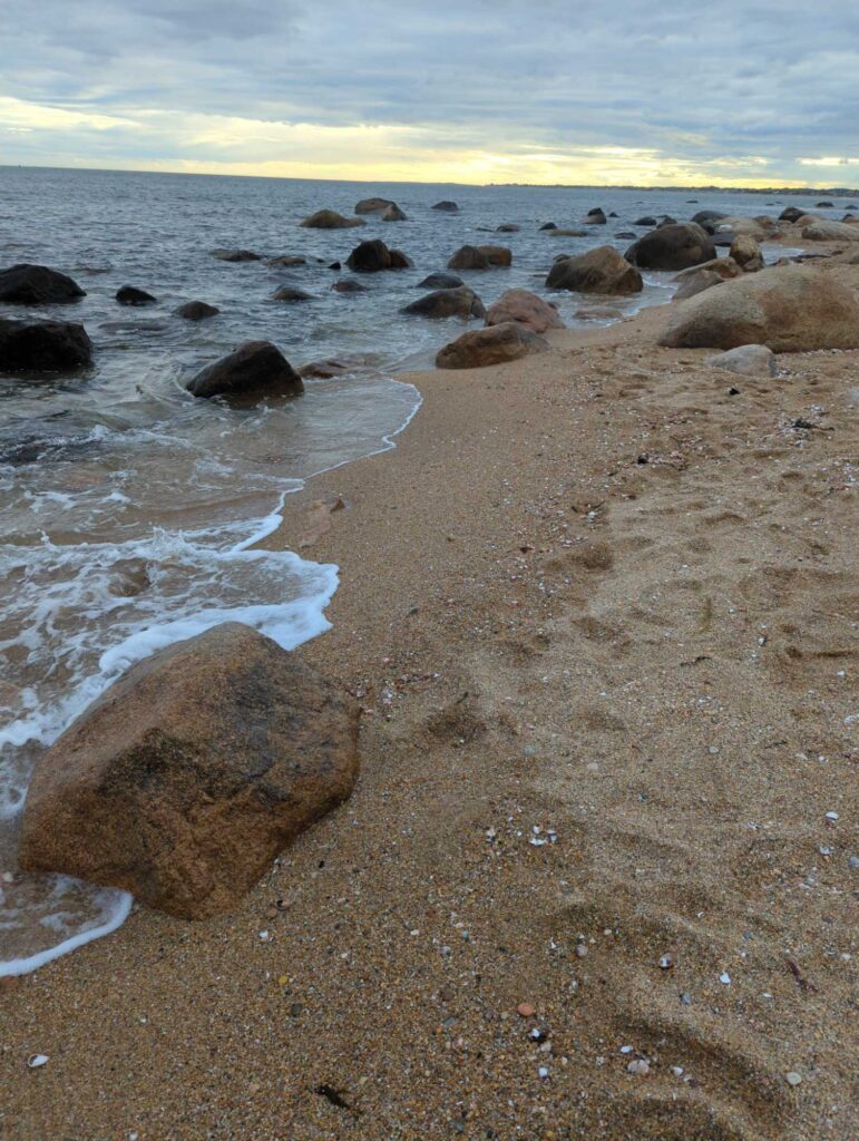 a rocky beach with a body of water in the background (MyCoast AI)