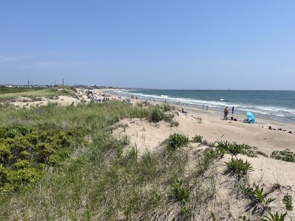 a beach with people and a blue tent (MyCoast AI)